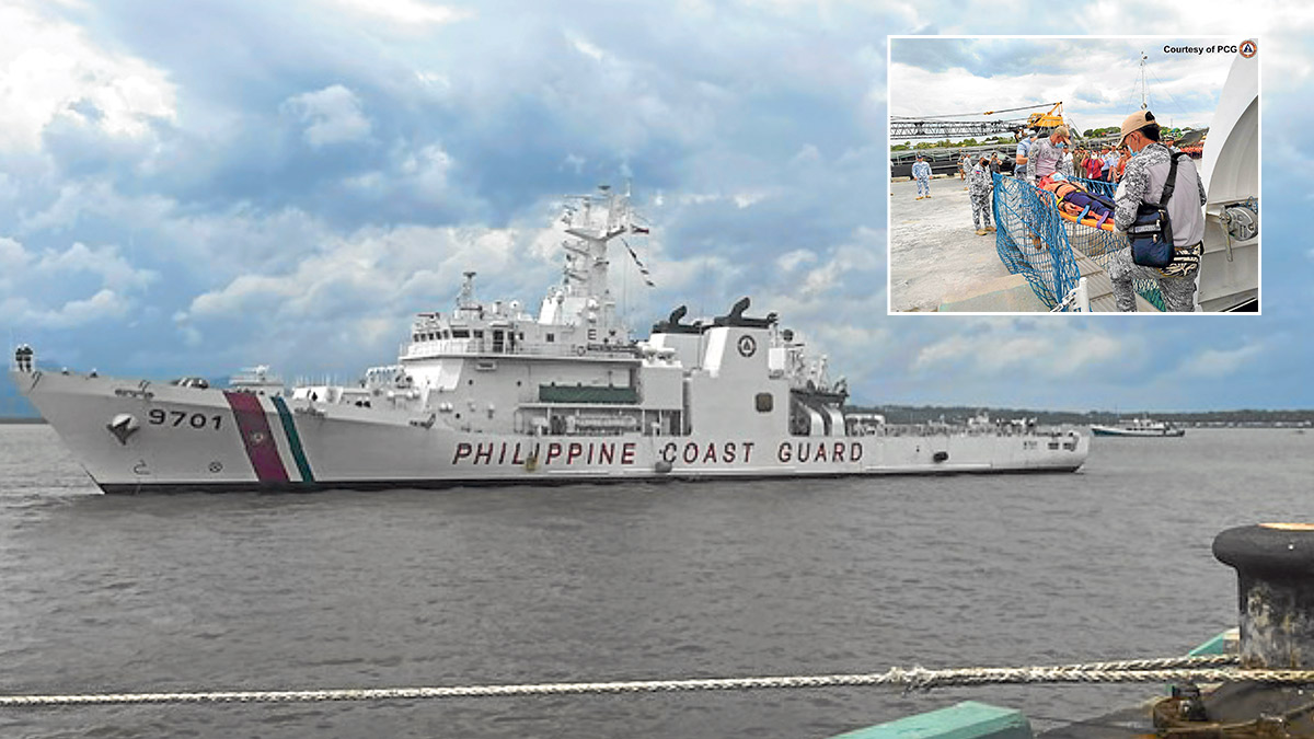 SACRIFICE AT SEA The BRP Teresa Magbanua docks at Puerto Princesa City, provincial capital of Palawan, after five months of patrolling Escoda (Sabina) Shoal, with some of its dehydrated crew members given medical attention upon the vessel’s return. —FRANCES MANGOSING AND PHILIPPINE COAST GUARD