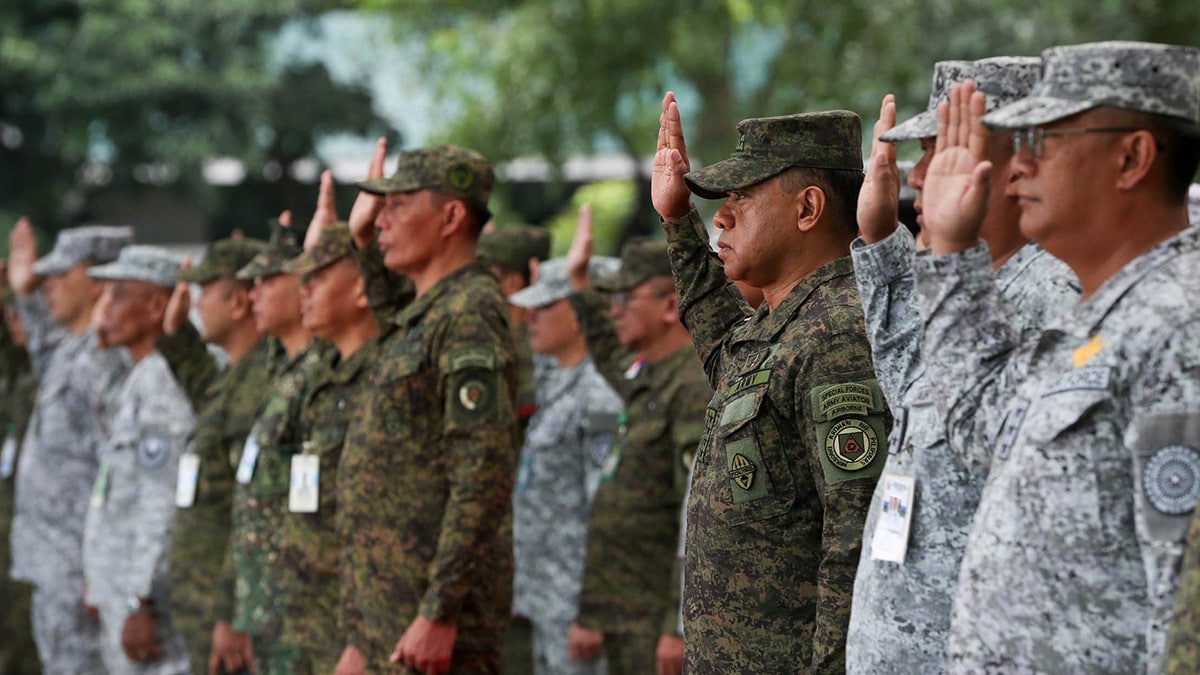 TRAINING Armed Forces of the Philippines Chief of Staff Gen. Romeo Brawner Jr. (third from right) on Monday leads the opening ceremony of the AFP joint exercise Dagat-Langit-Lupa, which will involve 3,000 active and reserve forces and representatives from the Philippine Coast Guard, the Philippine National Police and other government agencies. — LYNN RILLON