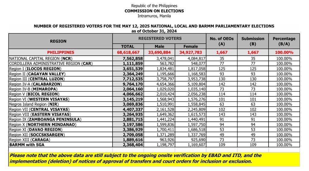 The Electoral Commission publishes the updated number of registered voters for the 2025 by-election starting Thursday, October 31. Photo courtesy of Comelec