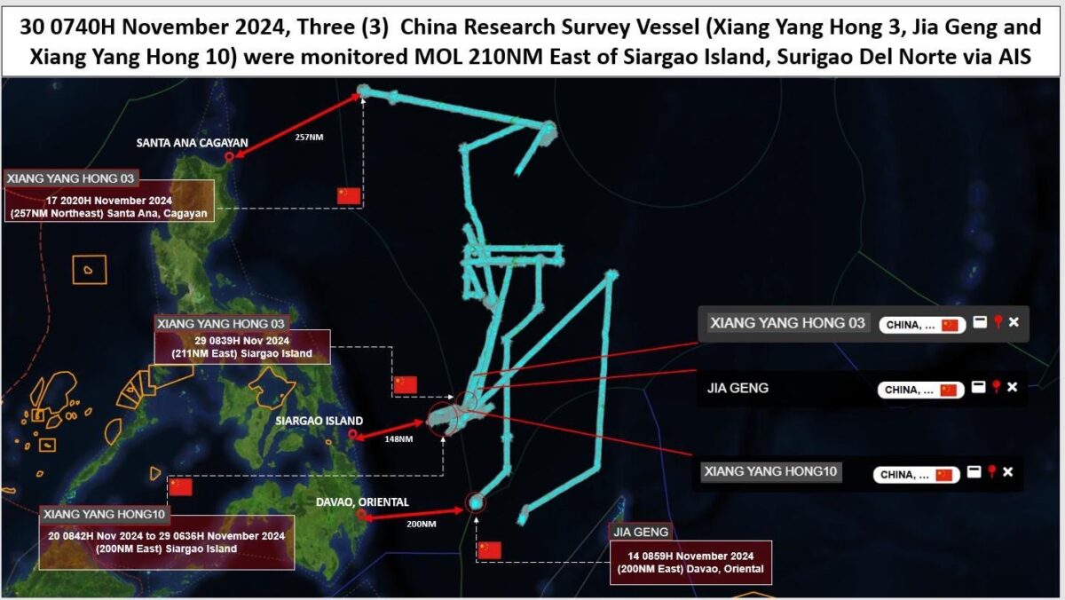 The Philippine Coast Guard locates Chinese research vessels Xiang Yang Hong 3, Jia Geng, and Xiang Yang Hong 10 at 210 nautical miles or 389 kilometers east of Siargao Island, Surigao del Norte on Saturday, Nov. 30, 2024.