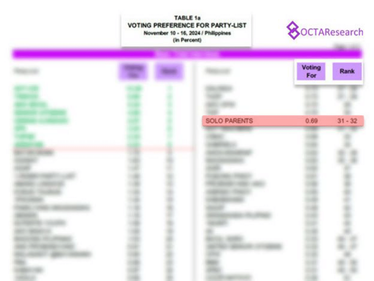 Ang mga resulta ng pinakabagong survey ng Octa Research, na isinasagawa noong Nobyembre 2024, ay nagsiwalat na ang Solo Parents Party-List ay nakakuha ng ika-31 na posisyon sa mga tuntunin ng pampublikong suporta para sa mga pangkat ng listahan ng partido na nagbabayad para sa mga upuan sa halalan ng 2025.