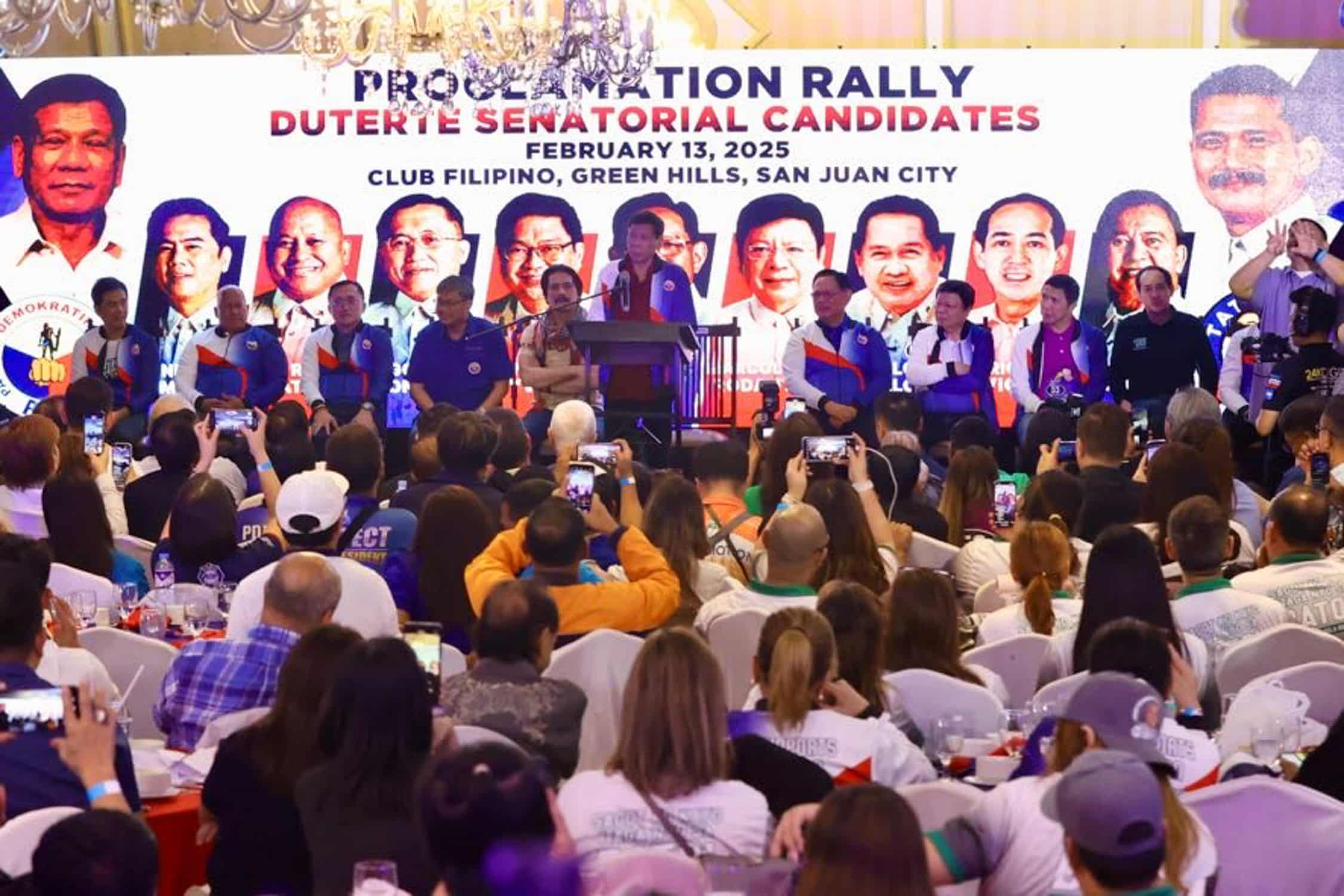 HISTORIC VENUE Former President Rodrigo Duterte speaks onThursday at the proclamation rally for the senatorial candidates of the Partido Demokratiko Pilipino-Lakas ng Bayan (PDP-Laban) in the midtermpolls at the historic Club Filipino in San Juan City where the late President Corazon Aquino was sworn in after the Edsa People Power Revolution in 1986. 